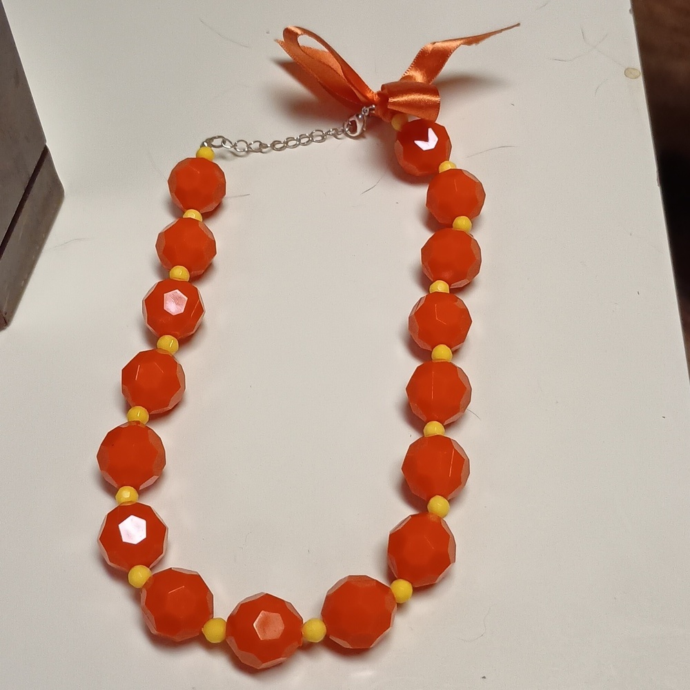 Vintage Beaded Necklace Orange Faceted Beads Yellow Accents Ribbon Tie Retro Cos